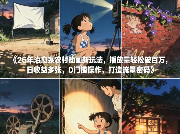 26年治愈系农村动画新玩法，播放量轻松破百万，日收益多张，0门槛操作，打造流量密码-琴书聊项目