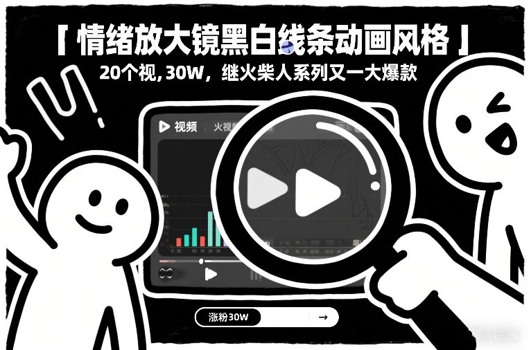 情绪放大镜黑白线条动画风格，20个视频，涨粉30W，继火柴人系列又一大爆款-琴书聊项目