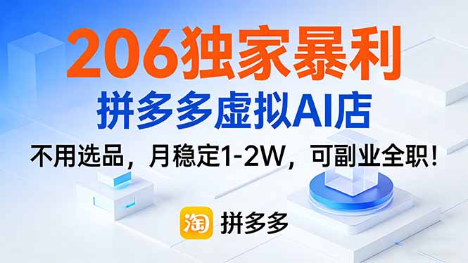 206独家暴利，拼多多虚拟AI店，不用选品，月稳定1-2W，可副业全职！-琴书聊项目