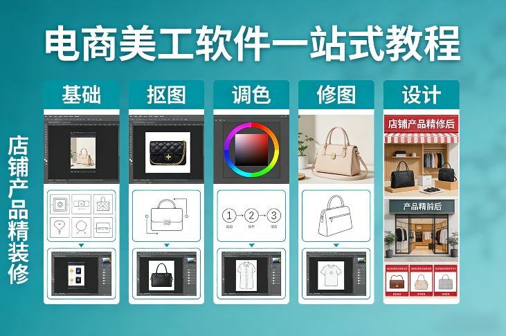 电商美工软件一站式教程，基础/抠图/调色/修图/设计，店铺产品精装修-琴书聊项目