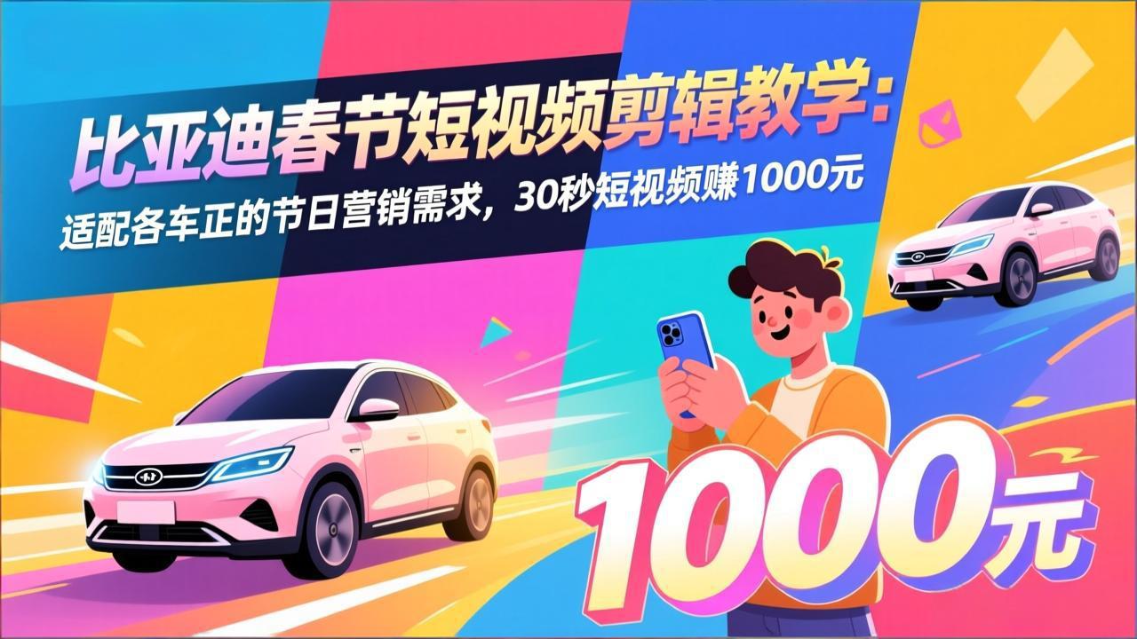 比亚迪春节短视频剪辑教学：适配各车企的节日营销需求，30秒短视频赚1000元-琴书聊项目