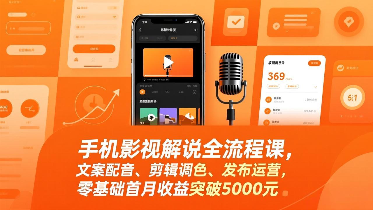 手机影视解说全流程课，文案配音、剪辑调色、发布运营，零基础首月收益突破5000元-琴书聊项目