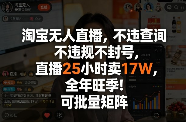 淘宝无人直播，不违规不封号，直播25小时卖17W，全年旺季！可批量矩阵【揭秘】-琴书聊项目