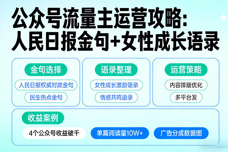 利用人民日报金句+女性成长语录做公众号流量主，4个公众号收益破千-琴书聊项目