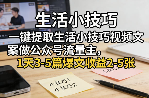 一键提取生活小技巧视频文案做公众号流量主，1天3-5篇爆文收益2-5张-琴书聊项目
