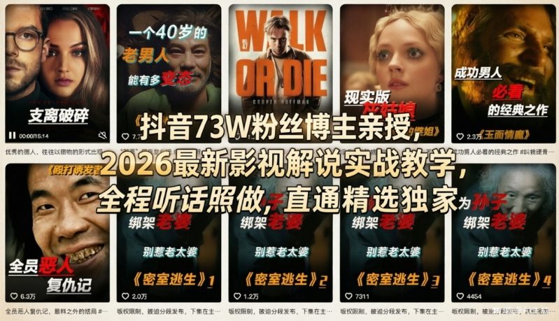 抖音73W粉丝博主亲授，2026最新影视解说实战教学，全程听话照做，直通精选独家-琴书聊项目