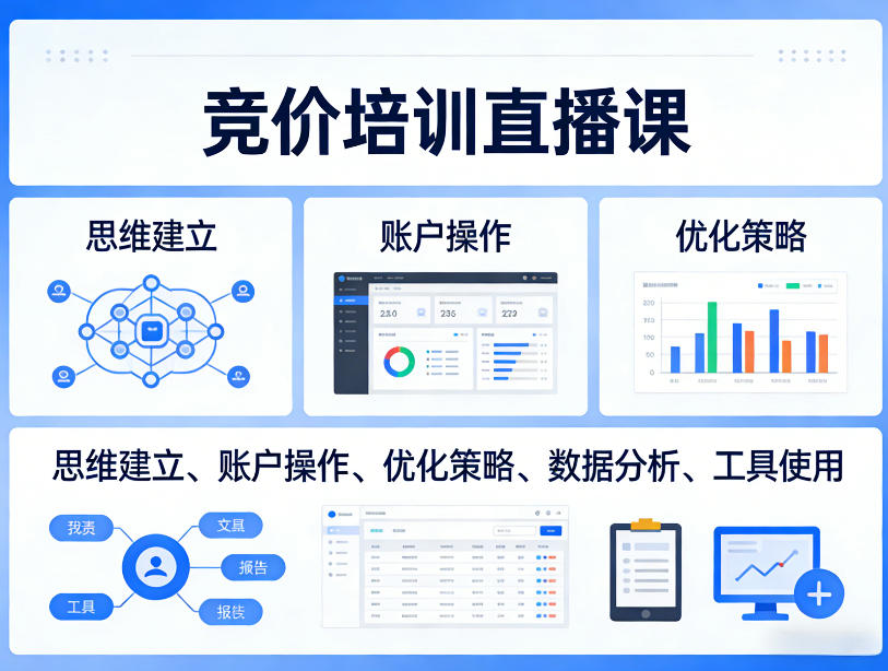 竞价培训直播课，覆盖思维建立、账户操作、优化策略、数据分析、工具使用等，全方位提升效果-琴书聊项目