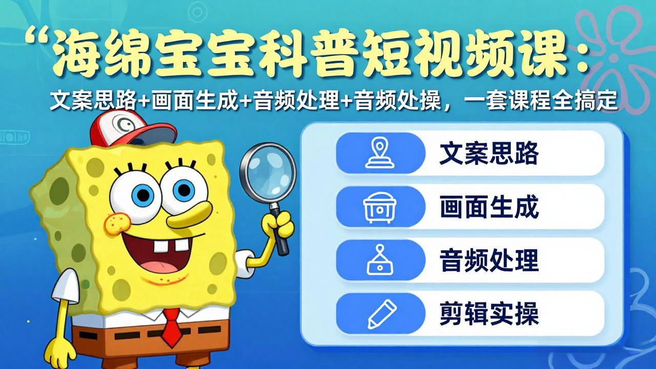 海绵宝宝科普短视频课：文案思路+画面生成+音频处理+剪辑实操，一套课程全搞定-琴书聊项目