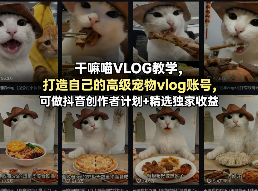 干嘛喵VLOG教学，打造自己的高级宠物vlog账号，可做抖音创作者计划+精选独家收益-琴书聊项目