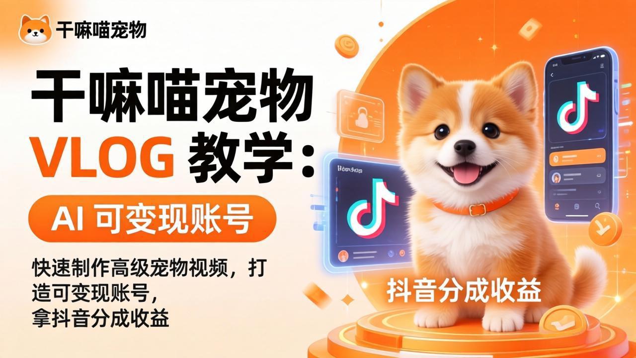 干嘛喵宠物 VLOG 教学：AI 快速制作高级宠物视频，打造可变现账号，拿抖音分成收益-琴书聊项目