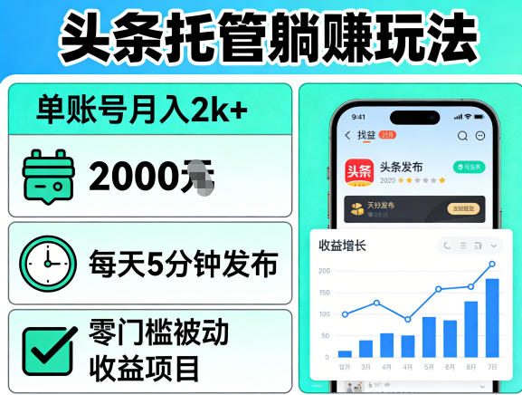 头条托管躺賺玩法，单账号月入2k+，每天5分钟发布即可，零门槛被动收益项目【揭秘】-琴书聊项目