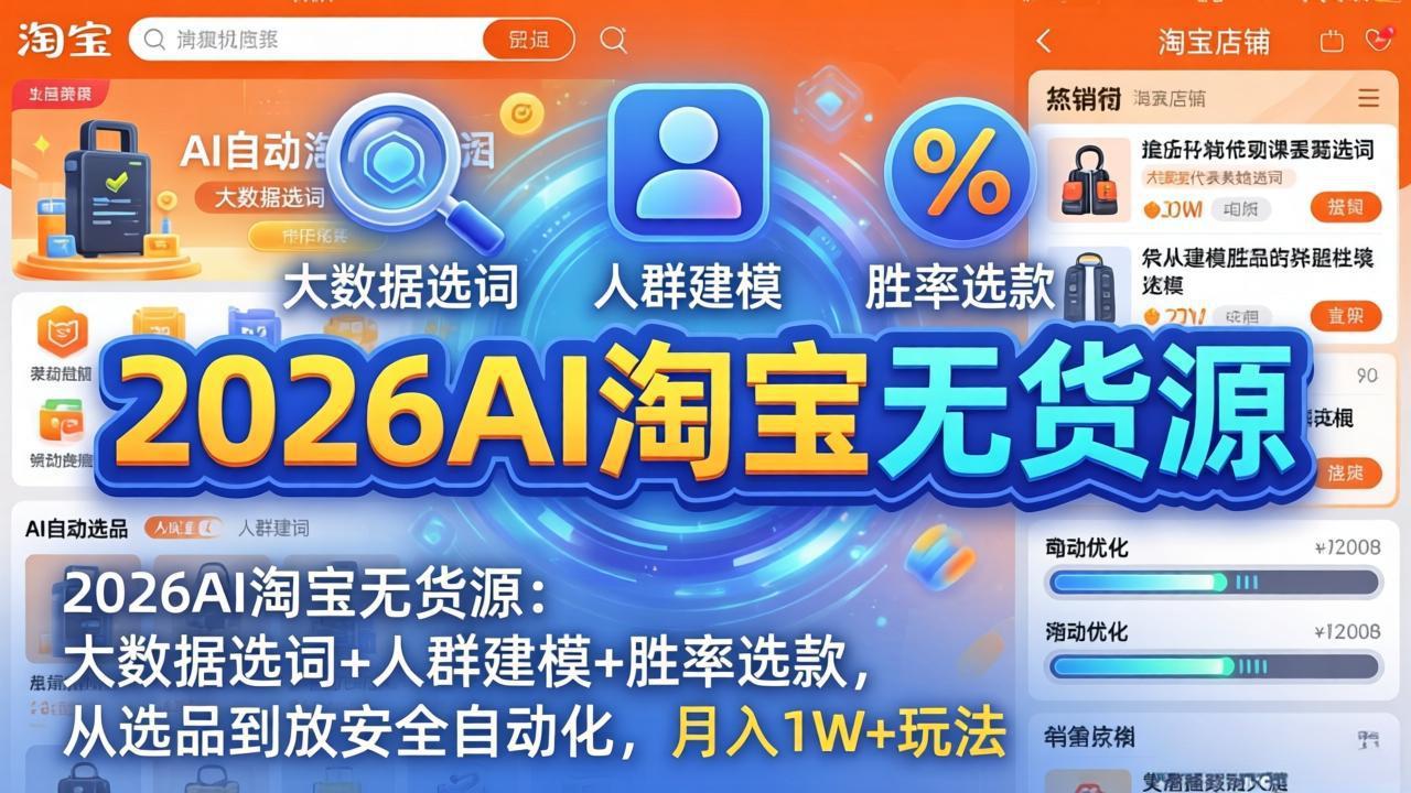 2026AI淘宝无货源-4月更新：大数据选词+人群建模+胜率选款，从选品到放大全自动化，月入1W+玩法-琴书聊项目