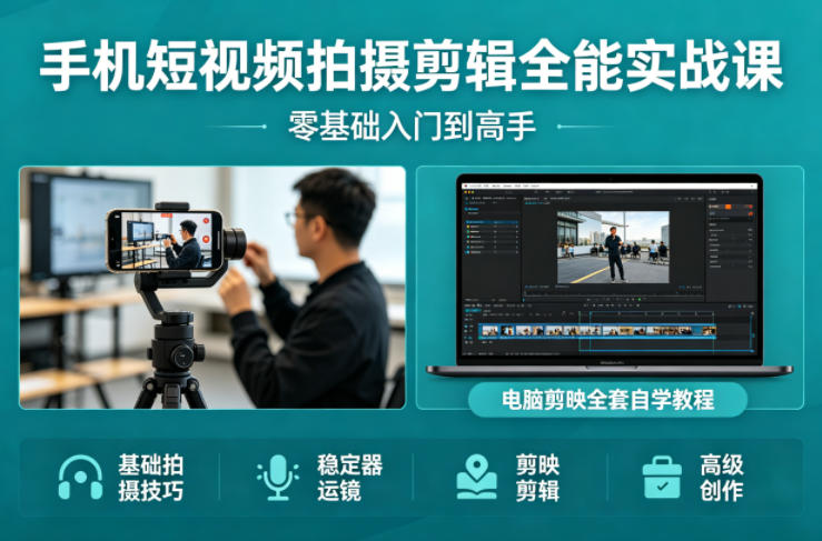 手机短视频拍摄剪辑全能实战课：零基础入门到高手，稳定器运镜+电脑剪映全套自学教程-琴书聊项目