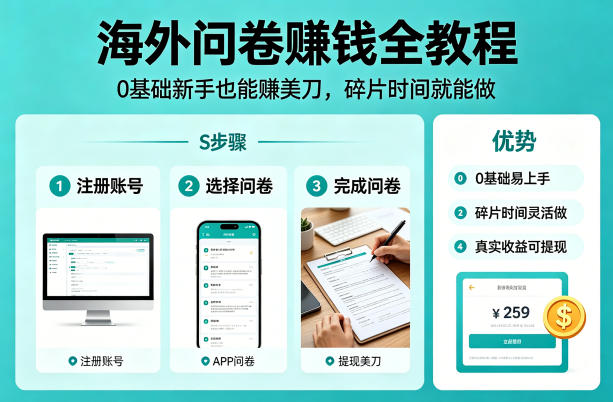 海外问卷賺钱全教程，0基础新手也能賺美刀，碎片时间就能做-琴书聊项目