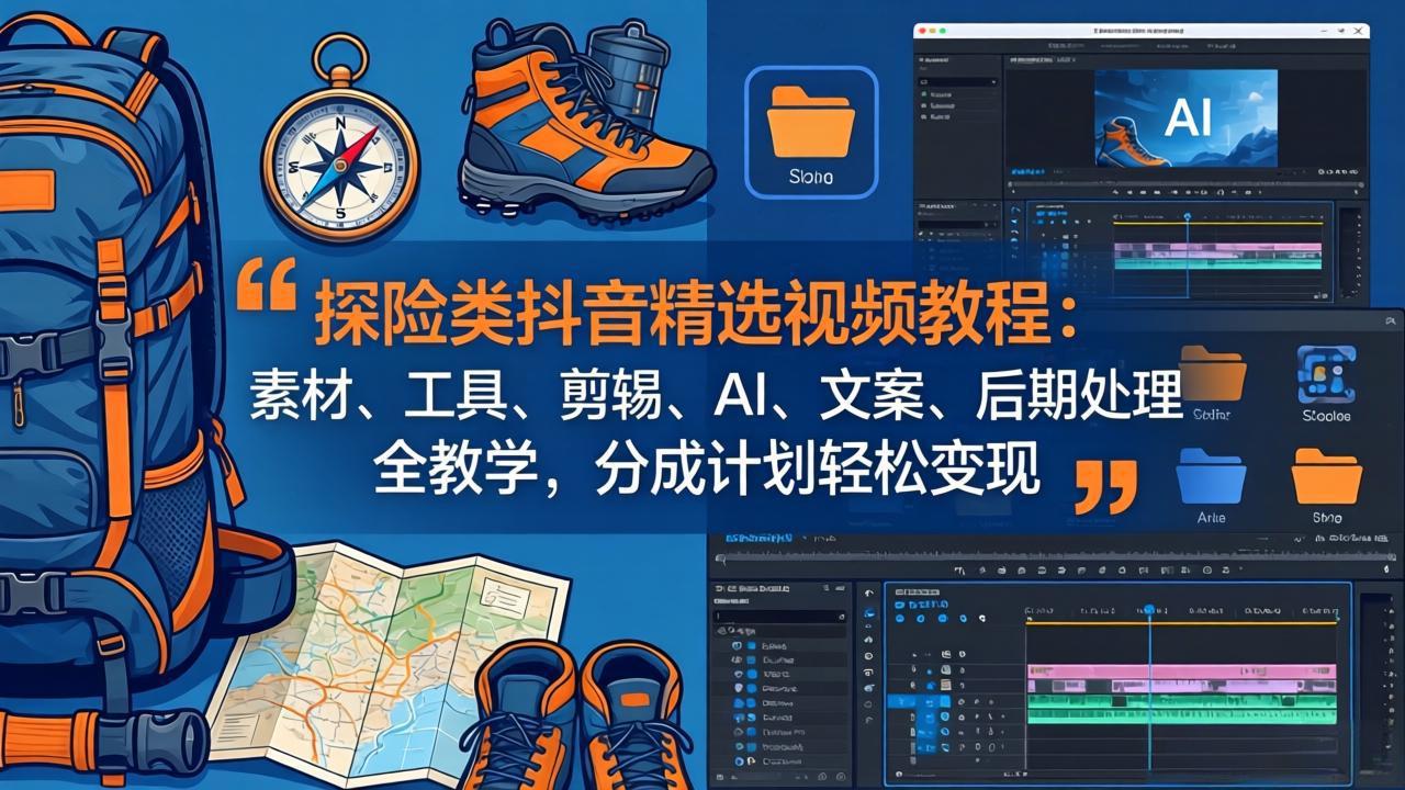 探险类抖音精选视频教程：素材、工具、剪辑、AI、文案、后期处理全教学，分成计划轻松变现-琴书聊项目