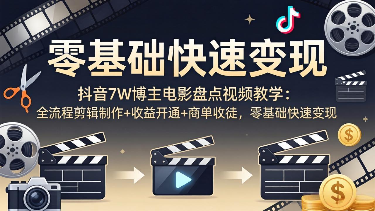 抖音7W博主电影盘点视频教学：全流程剪辑制作+收益开通+商单收徒，零基础快速变现-琴书聊项目