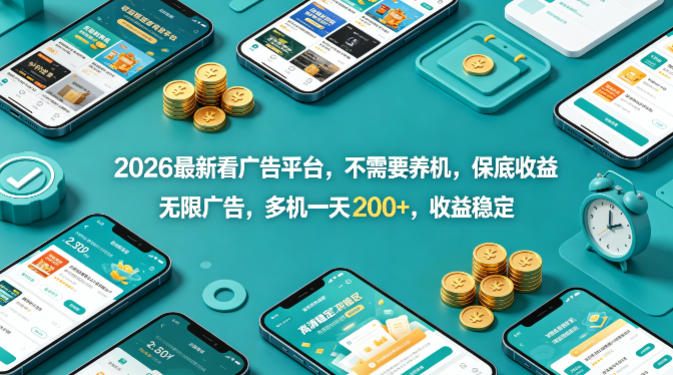 2026最新看广告平台，不需要养机，保底收益，无限广告，多机一天200+，收益稳定【揭秘】-琴书聊项目