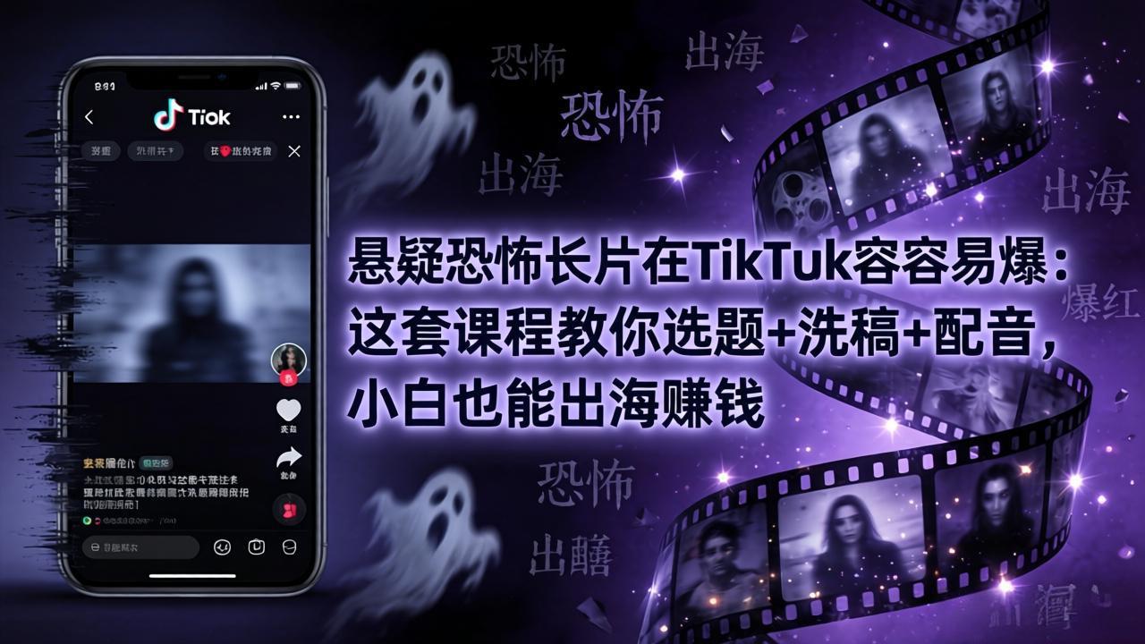悬疑恐怖长片在TikTok最容易爆：这套课程教你选题+洗稿+配音，小白也能出海赚钱-琴书聊项目