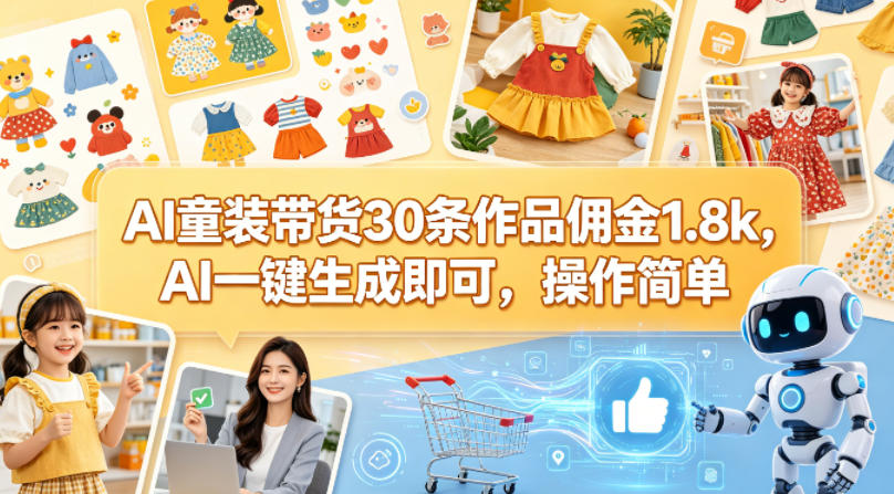 AI童装带货30条作品佣金1.8k，AI一键生成即可，操作简单-琴书聊项目