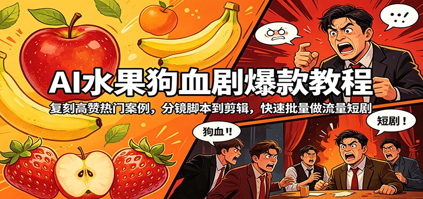 AI水果狗血剧爆款教程：复刻高赞热门案例，分镜脚本到剪辑，快速批量做流量短剧-琴书聊项目