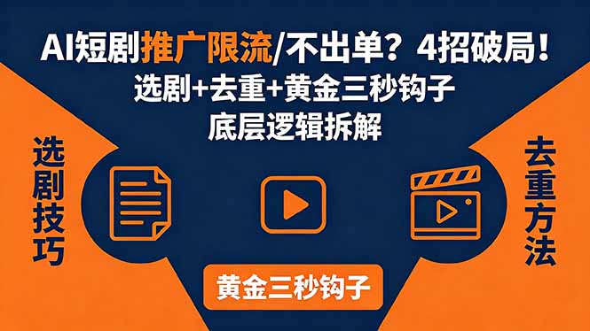 AI短剧推广总被限流、不出单？4招选剧+去重技巧+黄金三秒钩子，手把手拆解底层逻辑-琴书聊项目