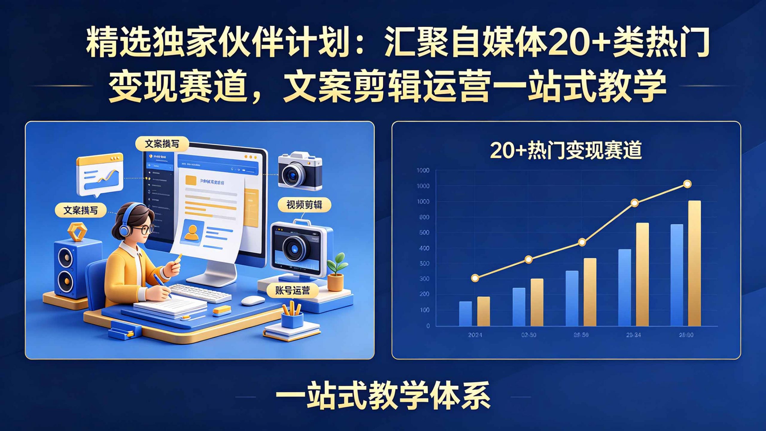 精选独家伙伴计划:汇聚自媒体20+类热门变现赛道,文案剪辑运营一站式教学-琴书聊项目
