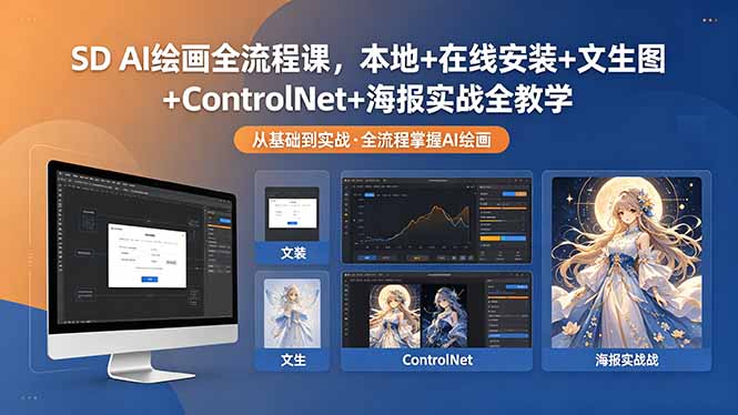 SD AI绘画全流程课，本地+在线安装+文生图+ControlNet+海报实战全教学-琴书聊项目