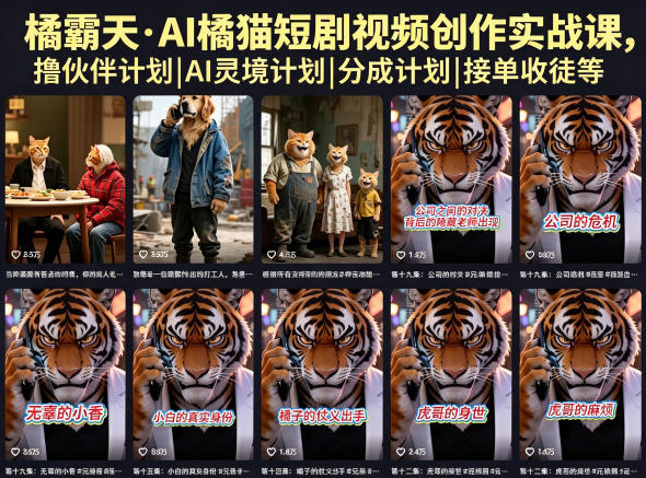 橘霸天·AI橘猫短剧视频创作实战课，撸伙伴计划|AI灵境计划|分成计划|接单收徒等-琴书聊项目