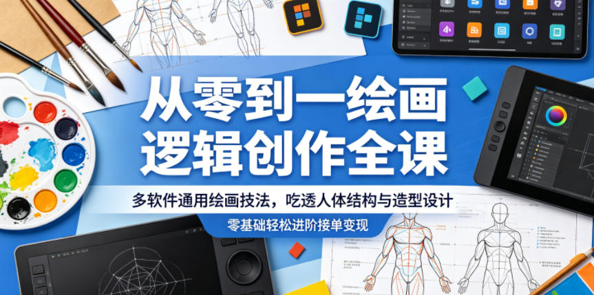 从零到一绘画逻辑创作全课，多软件通用绘画技法，吃透人体结构与造型设计，零基础轻松进阶接单变现-琴书聊项目