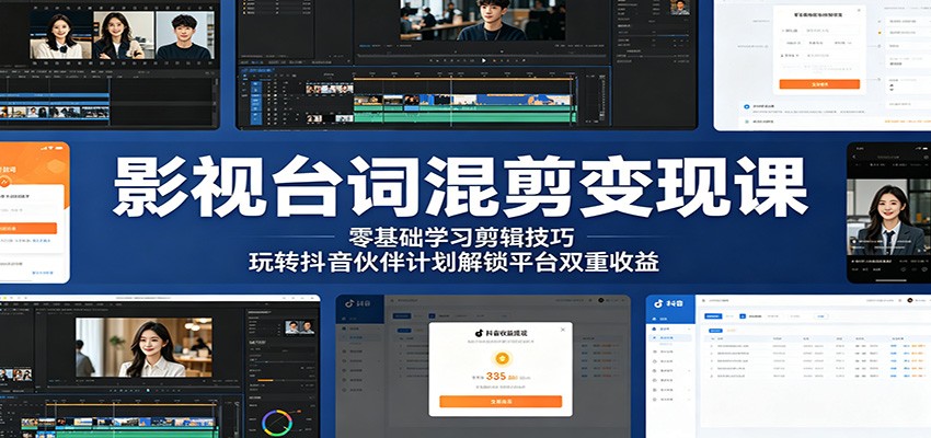 影视台词混剪变现课：零基础学习剪辑技巧，玩转抖音伙伴计划解锁平台双重收益-琴书聊项目