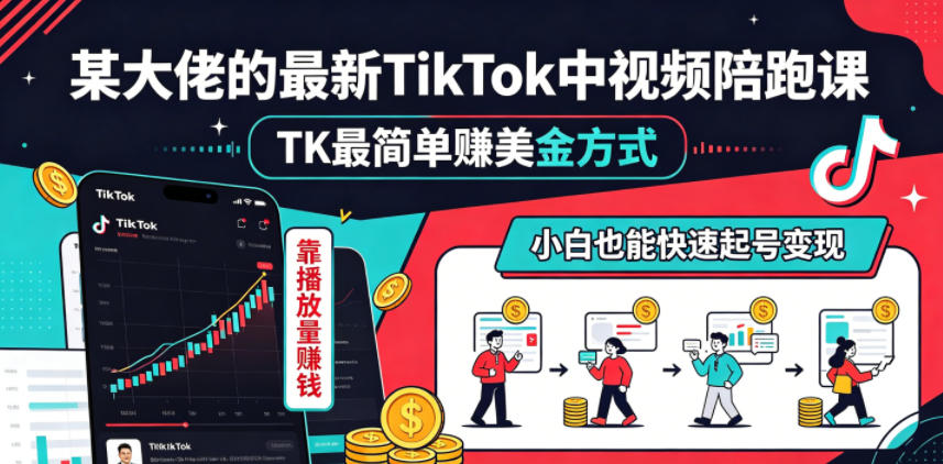 某大佬的最新TikTok中视频陪跑课，TK最简单賺美金方式，靠播放量賺钱，小白也能快速起号变现-琴书聊项目