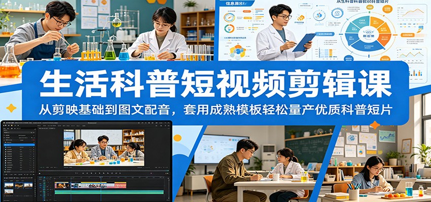 生活科普短视频剪辑课：从剪映基础到图文配音，套用成熟模板轻松量产优质科普短片-琴书聊项目