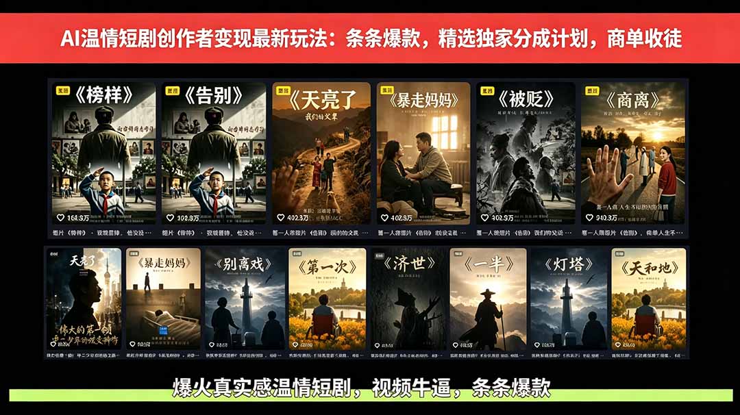 AI温情短剧创作者变现最新玩法：视频牛逼，条条爆款，精选独家分成计划，商单收徒-琴书聊项目