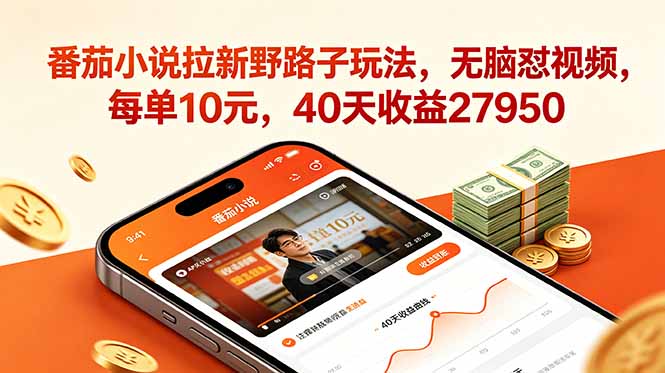 番茄小说拉新野路子玩法，无脑怼视频，每单10元，40天收益27950-琴书聊项目