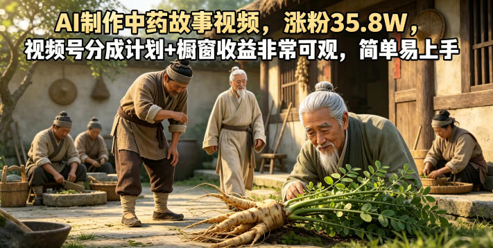 AI制作中药故事视频，涨粉35.8W，视频号分成计划+橱窗收益非常可观，简单易上手-琴书聊项目
