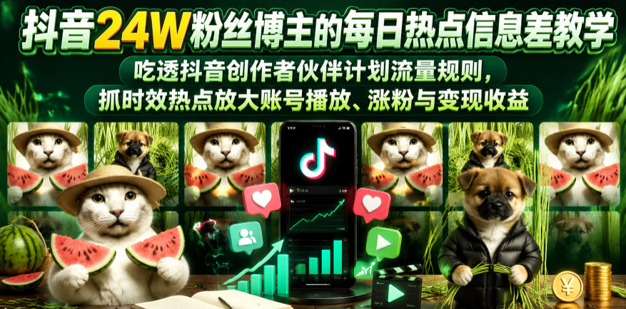 抖音24W粉丝博主的每日热点信息差教学，吃透创作者伙伴计划流量规则，抓时效热点放大账号播放、涨粉与变现收益-琴书聊项目
