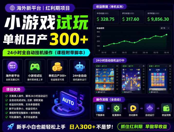 海外新平台，小游戏试玩，单机日产300+，24小时全自动挂G操作(课程附带脚本)【揭秘】-琴书聊项目