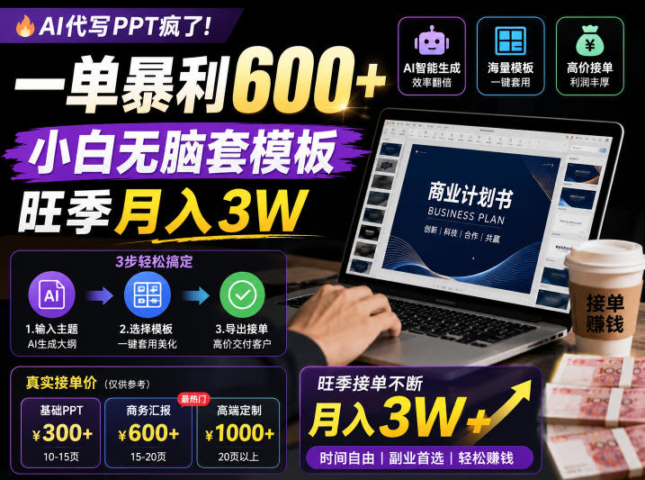 AI代写PPT疯了！一单暴利600+，小白无脑套模板，旺季月入3W，不用苦哈哈引流【揭秘】-琴书聊项目