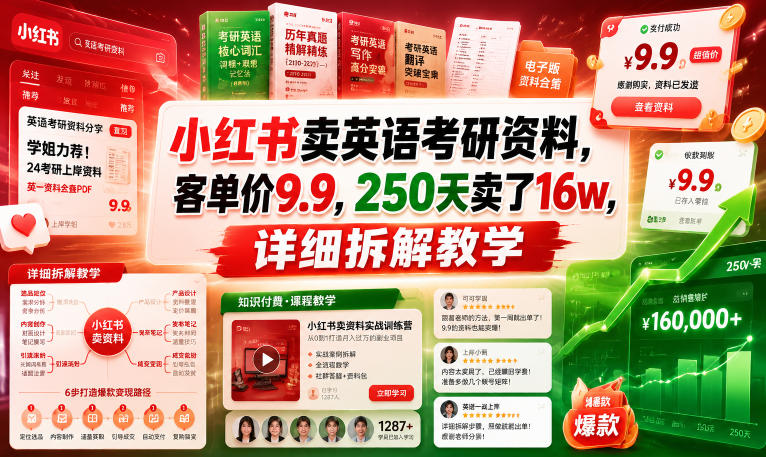小红书卖英语考研资料，客单价9.9，250天卖了16w，详细拆解教学-琴书聊项目
