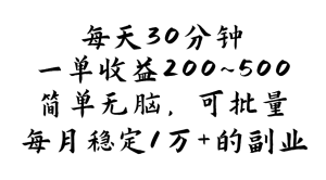 （11764期）每天30分钟，一单收益200~500，简单无脑，可批量放大，每月稳定1万+的…-琴书聊项目