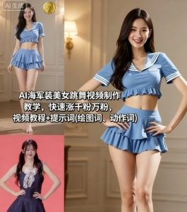 AI海军装美女跳舞视频制作教学，快速涨千粉万粉，视频教程+提示词(绘图词、动作词)-琴书聊项目