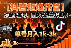 【抖音炬焰托管】你提供账号，团队代运营发视频，单号月入1k+【揭秘】-琴书聊项目