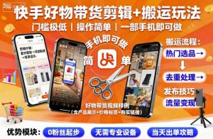 快手好物带货剪辑+搬运玩法，门槛极低，操作简单，一部手机即可玩做-琴书聊项目