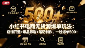小红书电商无货源爆单玩法：店铺开通+爆品筛选+笔记制作，一晚爆单500+-琴书聊项目