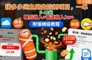 拼多多闲鱼网盘拉新项目，一单5-15米，睡后收入+管道收入1w+(附保姆级教程)-琴书聊项目