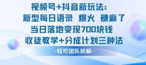 视频号加抖音新玩法：爆火新型每日语录，收徒教学加分成计划，三种变现玩法，当日变现7张-琴书聊项目
