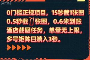 0门槛正规项目，15秒截1张图，0.6米到账，酒店截图任务，单量无上限，多号矩阵日躺入3张【揭秘】-琴书聊项目