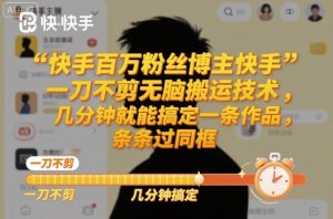 快手百万粉丝博主快手一刀不剪无脑搬运技术，几分钟就能搞定一条作品，条条过同框-琴书聊项目