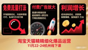 淘宝天猫精细化爆品运营11月22-24杭州线下课，免费流量打法+付费广告放大+利润增长(音频+文档)-琴书聊项目