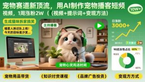 宠物赛道新顶流，用AI制作宠物播客短视频，1周涨粉2W(视频+提示词+变现方法)-琴书聊项目